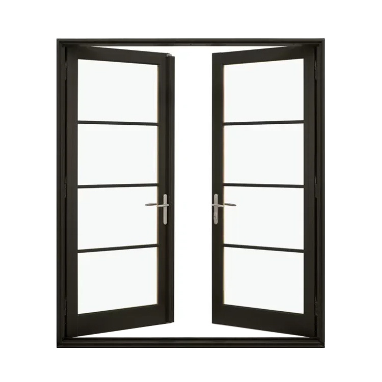Exterior French doors with glass panels opening from a modern home to a patio