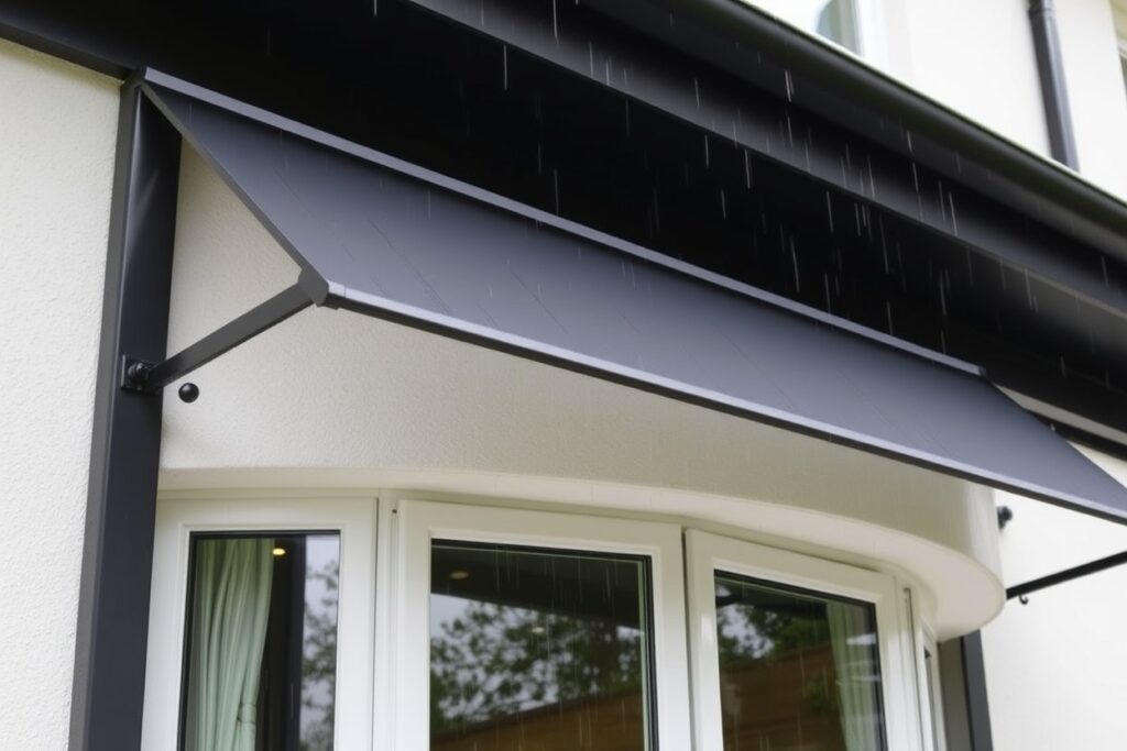 A modern flat-roofed aluminum canopy is installed above the bay window of the villa, with a dark gray coating that contrasts with the exterior wall of the building to show the effect of rainwater flowing along the canopy