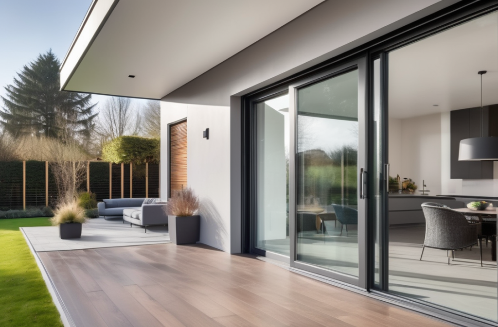 modern terrace with aluminum sliding doors, sleek design, reinforced frame and laminated glass, viewed from outside, evening lighting with subtle indoor glow suggesting security and comfort
