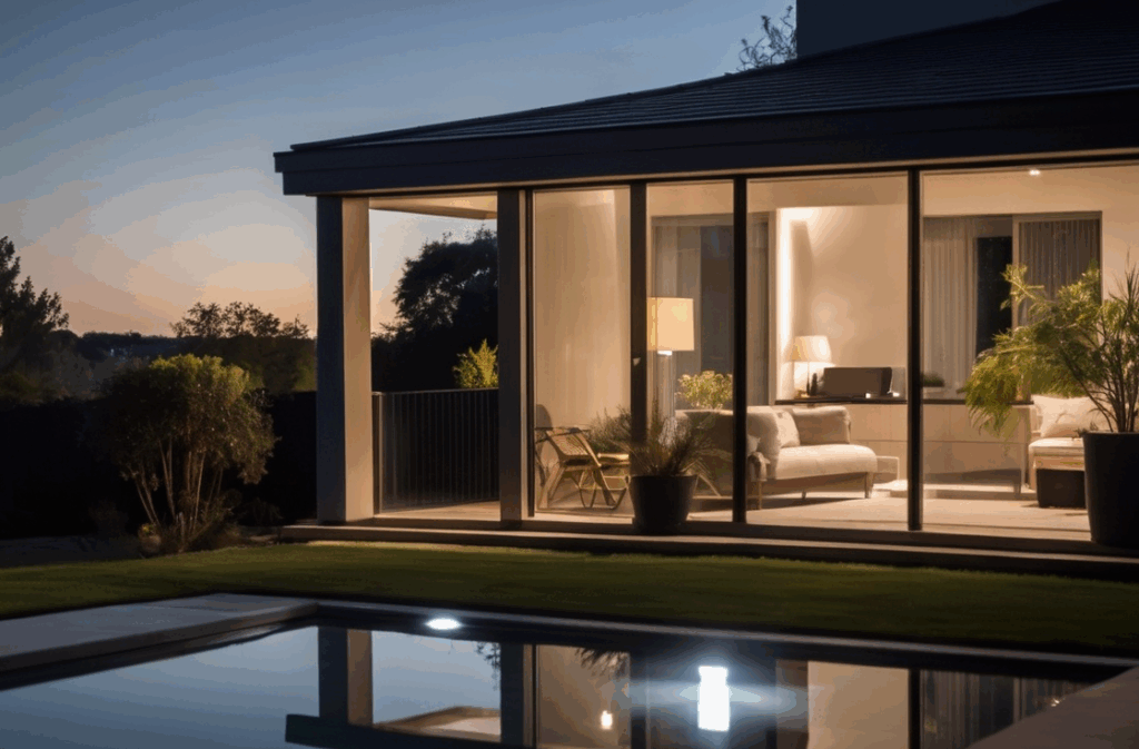 nighttime home view, security camera detecting visitor, phone receiving real-time alert, smart lighting activating automatically
