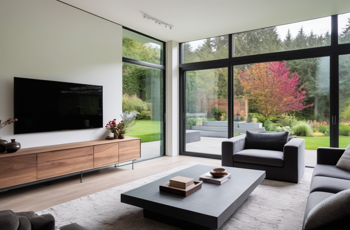 An elegant, sun-drenched dining area with a panoramic aluminum-framed window that opens up to a scenic garden. The carefully curated décor inside, with a mix of modern and natural elements, harmonizes with the lush outdoor landscape, creating a peaceful and stylish atmosphere. The window acts as a picture frame for the garden, blurring the lines between indoor living and outdoor relaxation.