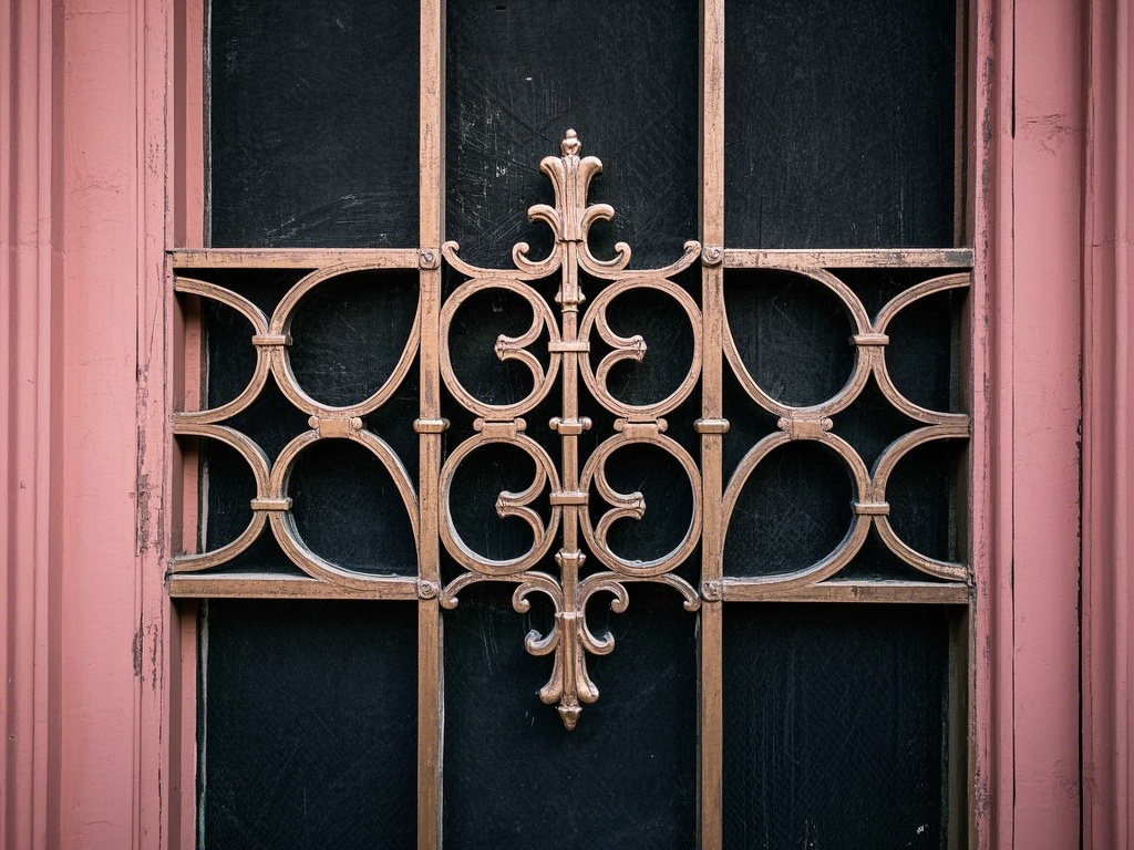 vintage aluminum screen door with intricate decorative grids, freshly painted in two-tone finish (main frame in bronze with black grids), hyperrealistic vintage restoration style