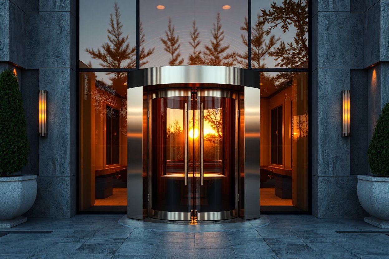 dramatic aluminum rotary door entrance in luxury home, circular motion blur effect, hyperrealistic architectural photography at golden hour