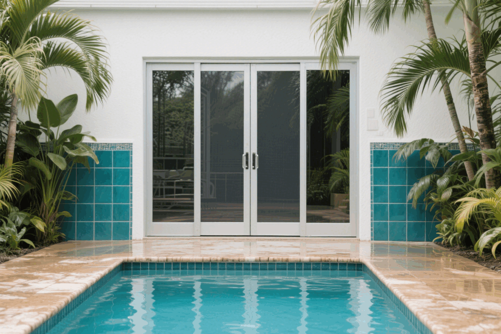 poolside aluminum screen door with corrosion-resistant coating, surrounded by wet tiles and tropical plants