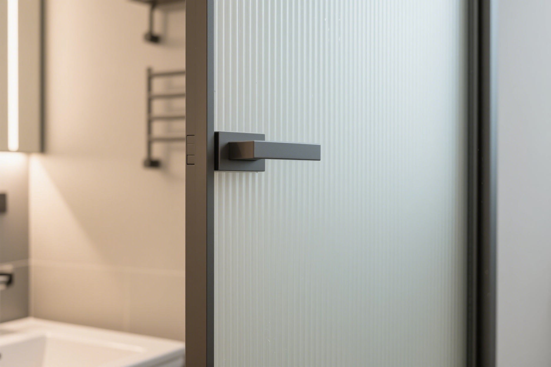 close-up of aluminum bathroom door with frosted glass panel, modern minimalist style, moisture-resistant finish, soft natural lighting