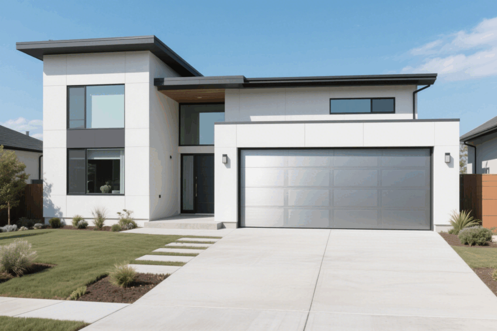 sleek modern home exterior with aluminum full-view garage door, large windows, concrete driveway, minimalist landscaping