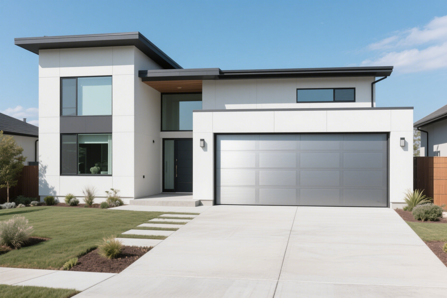 sleek modern home exterior with aluminum full-view garage door, large windows, concrete driveway, minimalist landscaping