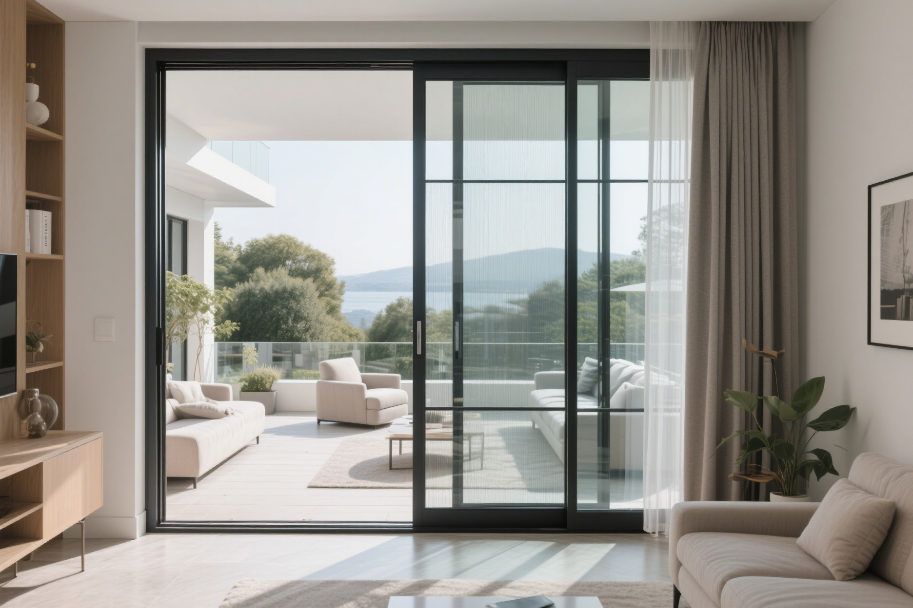 The ultra-narrow frame aluminum glass sliding door is fully open, connecting the indoor living room and the terrace, showing the seamless transition effect, supporting the invisible screen door is half open