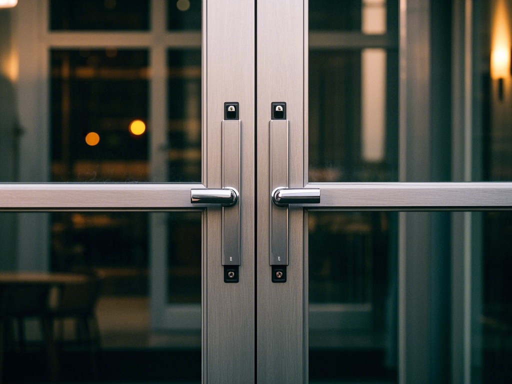 arrangement of commercial-grade aluminum door hardware including concealed closer, panic bar, and pivoting hinge system on installation blueprint