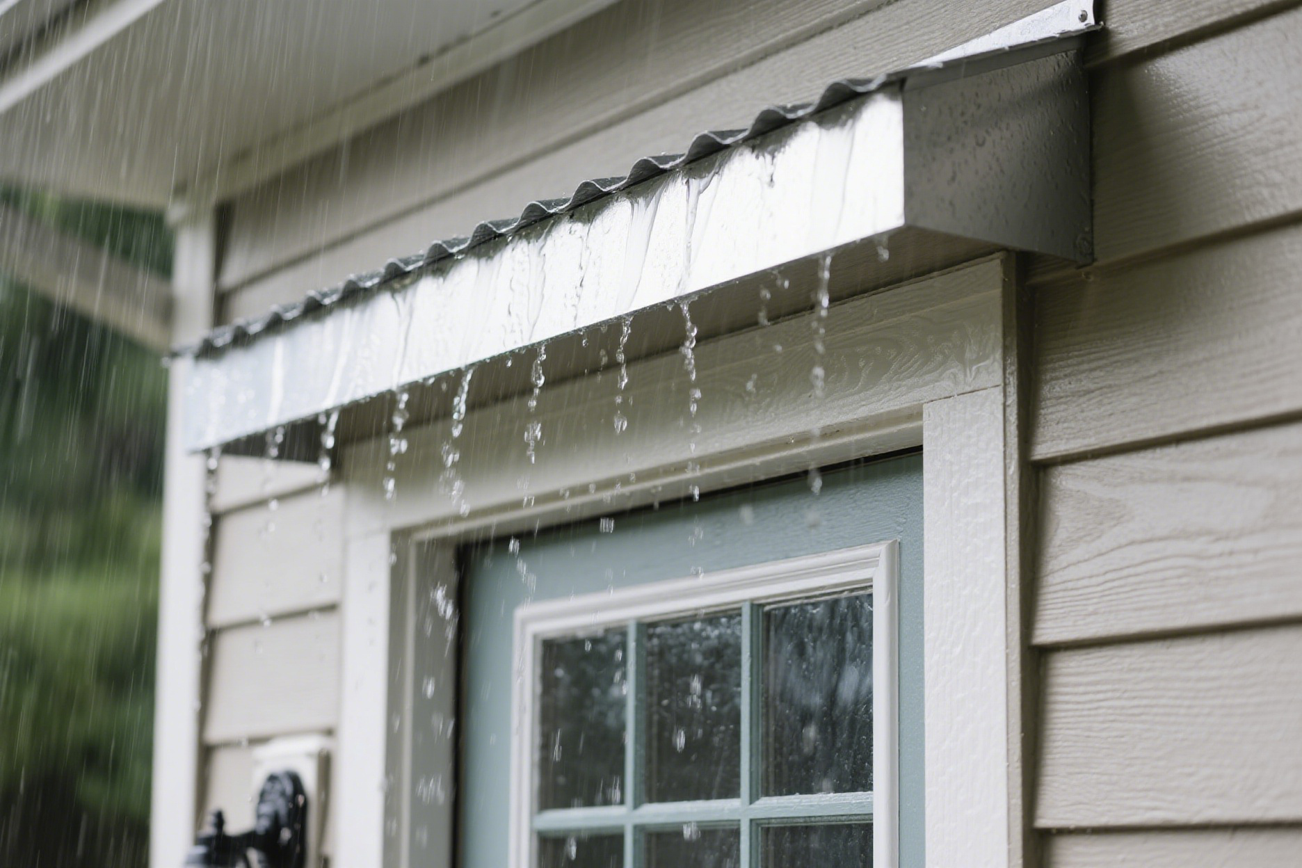 aluminum drip cap above an exterior door, redirecting rainwater, shown during light rain