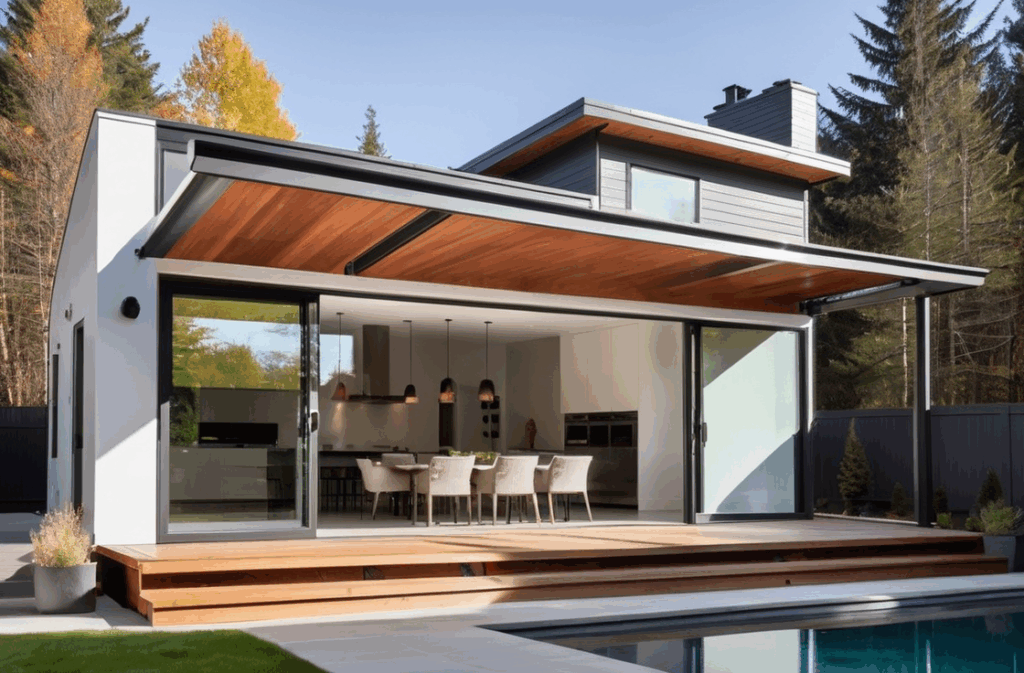 modern home exterior with aluminum door awning above front entrance, powder-coated arched canopy design, clean minimalist facade, wide aluminum sliding patio doors opening to backyard deck, bright natural lighting, spacious patio with seamless indoor-outdoor transition