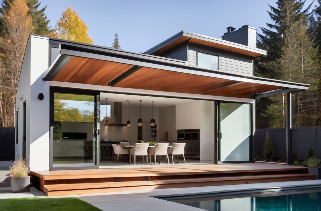 modern home exterior with aluminum door awning above front entrance, powder-coated arched canopy design, clean minimalist facade, wide aluminum sliding patio doors opening to backyard deck, bright natural lighting, spacious patio with seamless indoor-outdoor transition