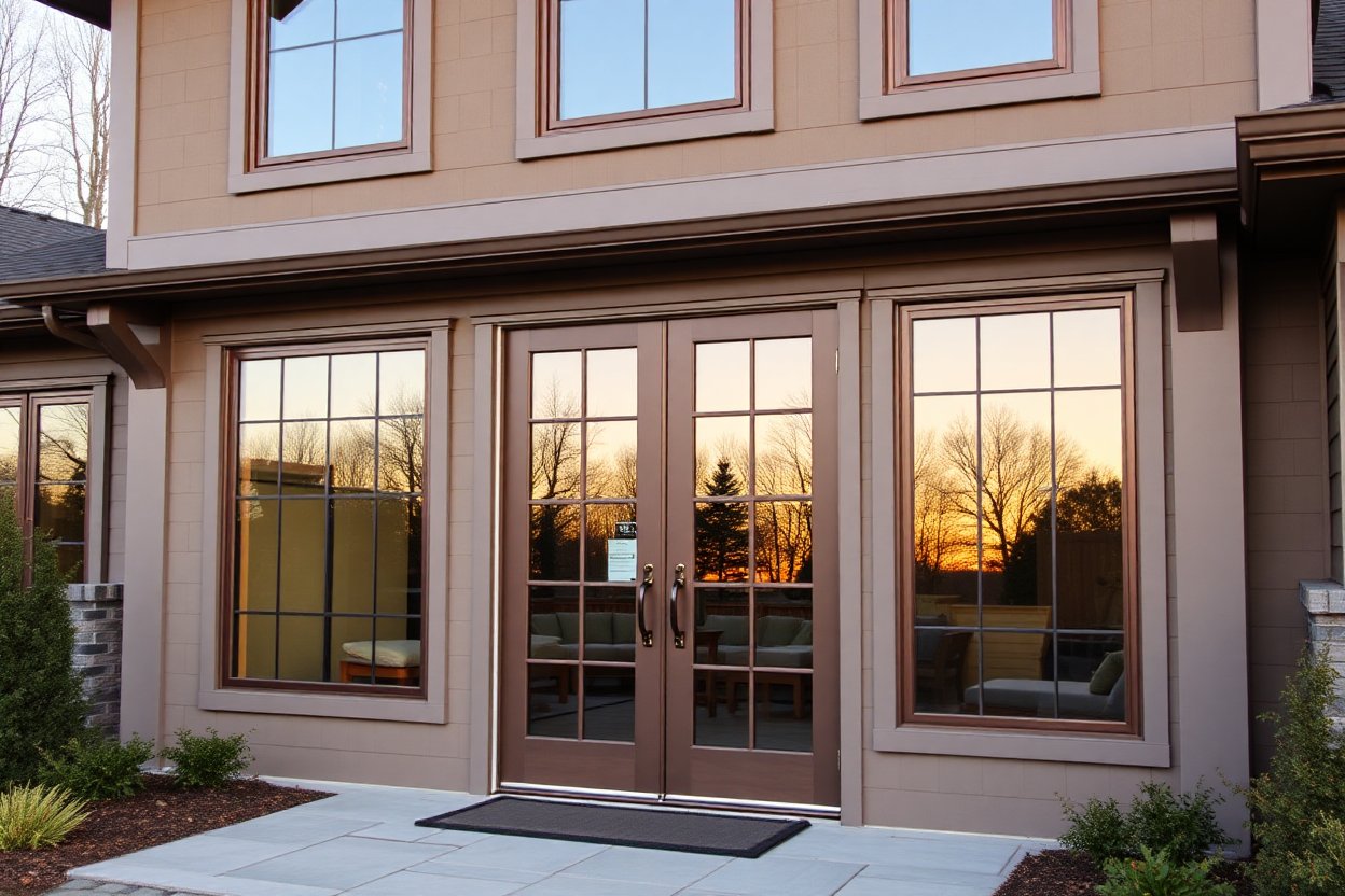 full exterior view of aluminum clad French doors with matching window sills and architectural trim, sunset lighting reflecting off anodized bronze finish, modern craftsman style home