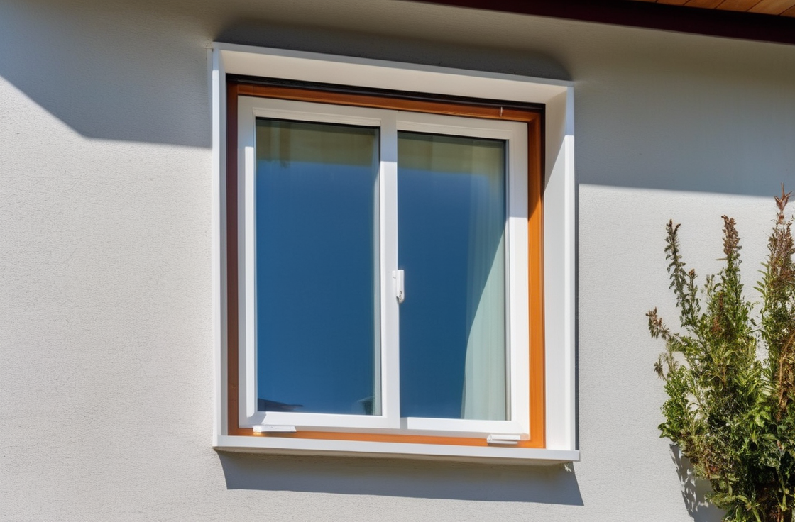 aluminum window frame in modern residential home, showing head, jamb, and sill clearly, clean and minimal design, bright daylight, exterior view