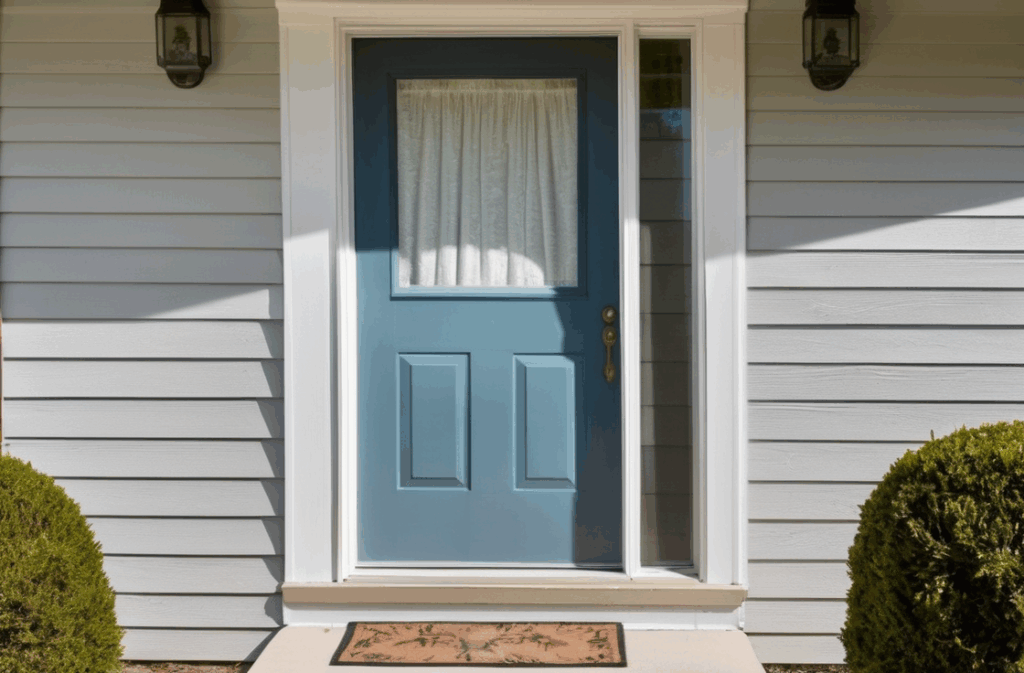 aluminum storm door partially sanded and primed, paint spray can and primer container on drop cloth, clear sky, moderate lighting
