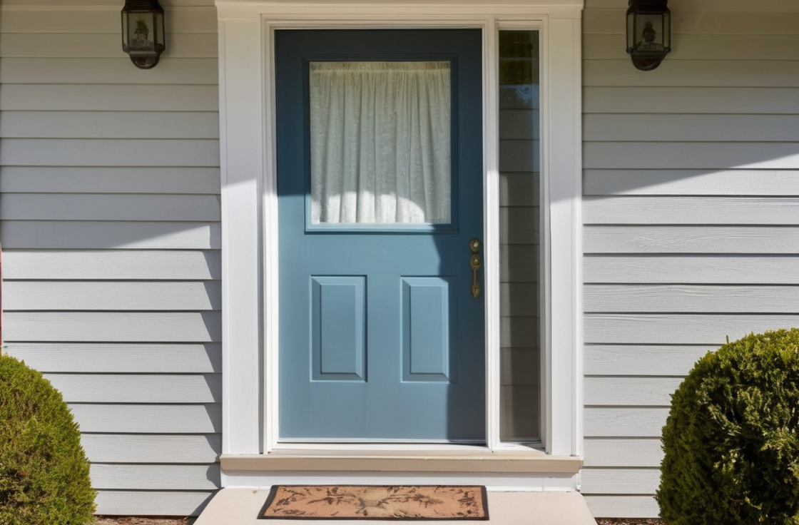 aluminum storm door partially sanded and primed, paint spray can and primer container on drop cloth, clear sky, moderate lighting