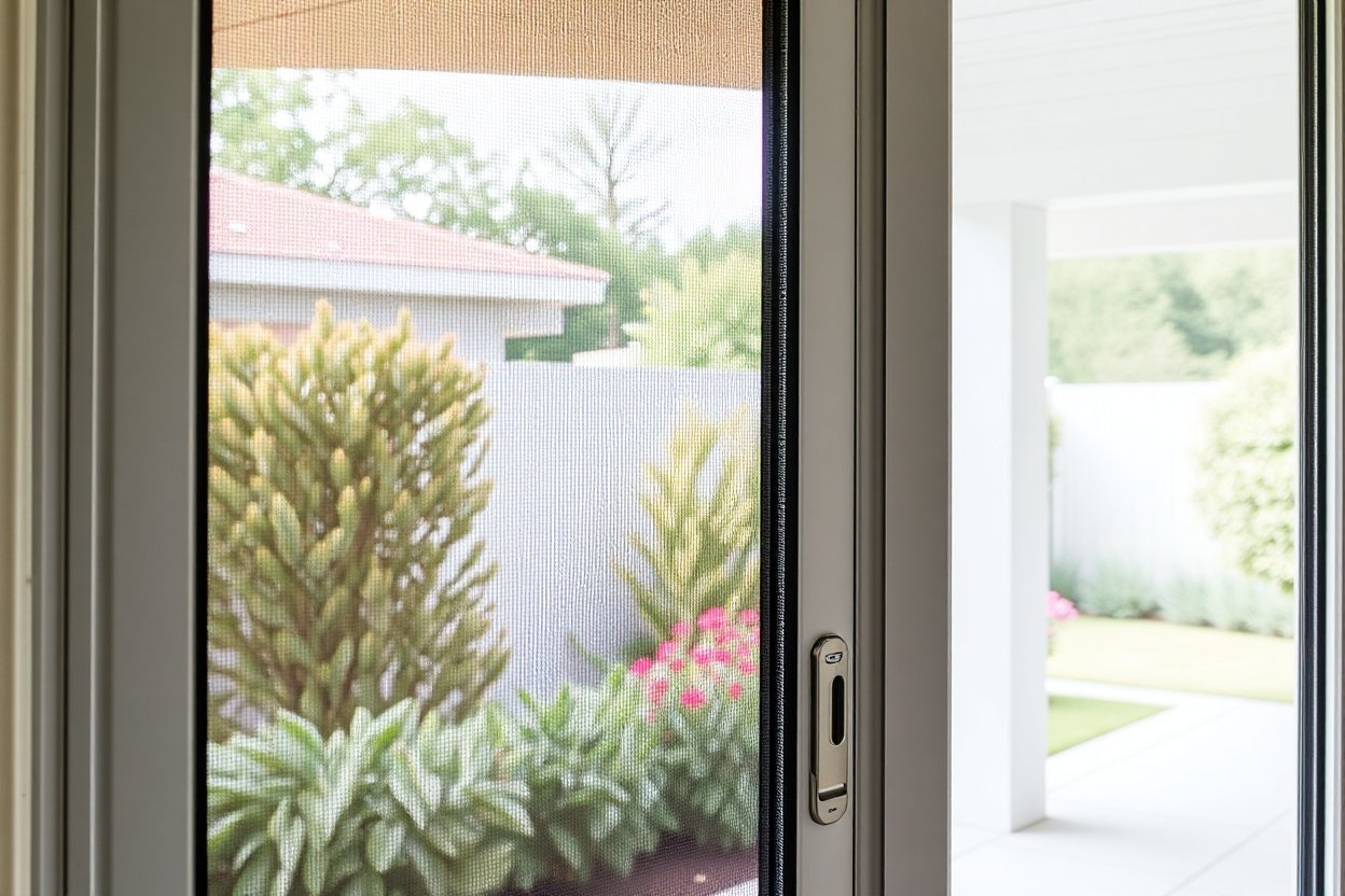 aluminum storm door with screen partially open, fresh air flowing in, garden visible through mesh, modern home background