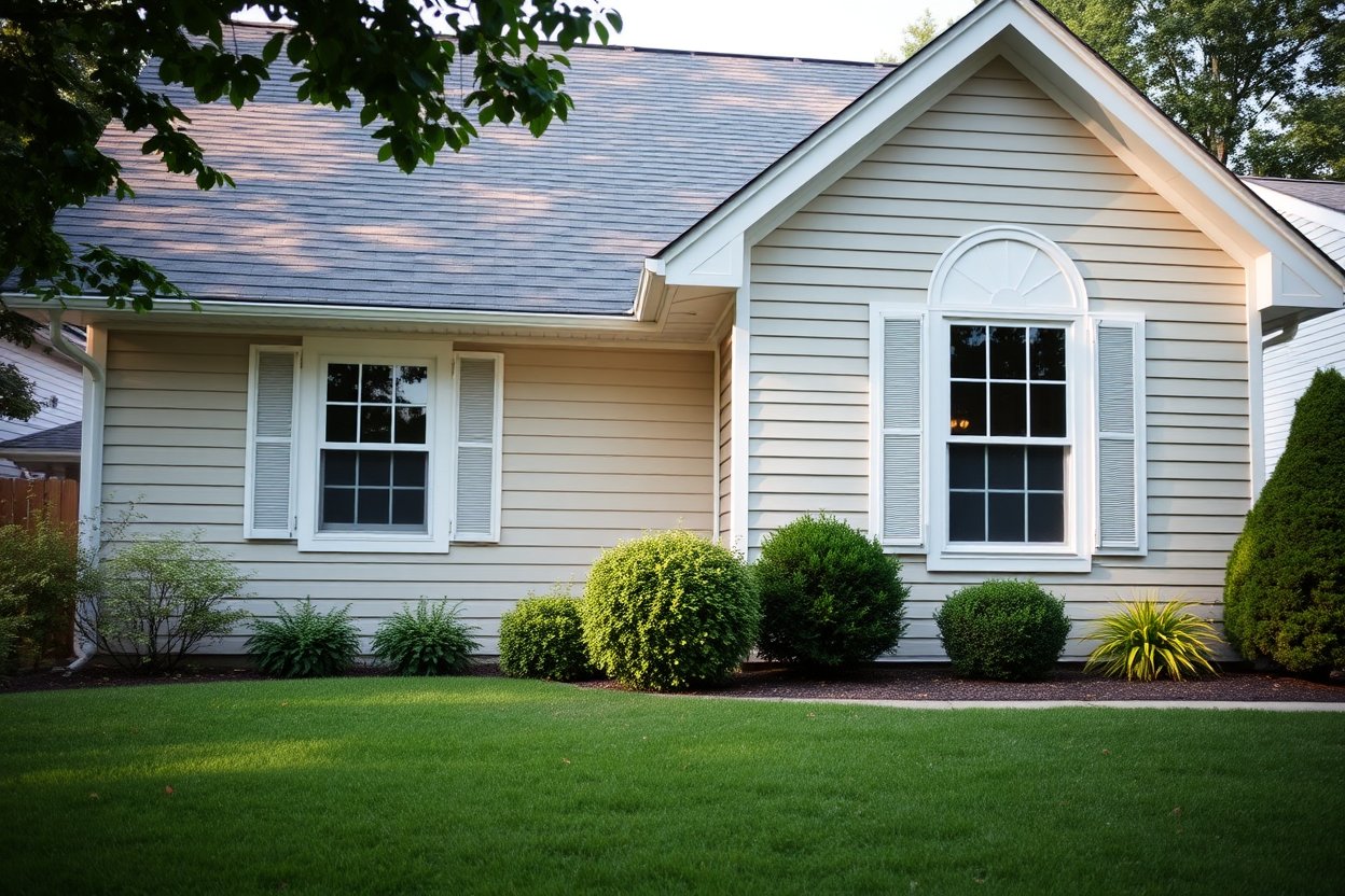suburban home with white vinyl windows, traditional siding, green lawn, soft natural lighting